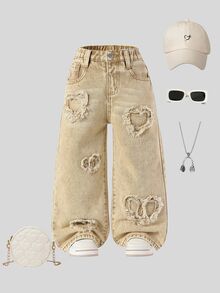 SHEIN Playful Pals 女童休閒牛仔風都會藍色全鬆緊腰心形補丁刺繡寬腿褲，附平口袋，夏季日常時尚首選 - 卡其色 - 查看 12