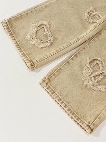 SHEIN Playful Pals 女童休閒牛仔風都會藍色全鬆緊腰心形補丁刺繡寬腿褲，附平口袋，夏季日常時尚首選 - 卡其色 - 查看 8