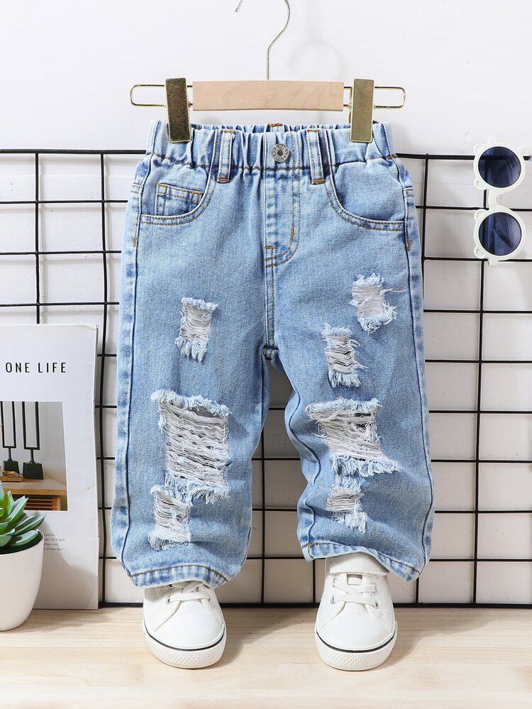 SHEIN Baby Boys Korean Fashion Light Blue Ripped Wide-Leg Denim Streetwear Cowboy Graphic Band Pocketed Jeans Jog Birthday Autumn - Light Wash - View 4