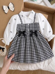 SHEIN Playful Pals 女嬰女寶寶時尚可愛優雅千鳥格蝴蝶結波點藝術長袖泡泡袖洋裝套裝 秋季畢業校園風 黑白配色 - 黑與白 - 查看 2