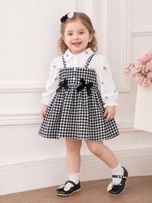 SHEIN Playful Pals 女嬰女寶寶時尚可愛優雅千鳥格蝴蝶結波點藝術長袖泡泡袖洋裝套裝 秋季畢業校園風 黑白配色 - 黑與白 - 查看 3