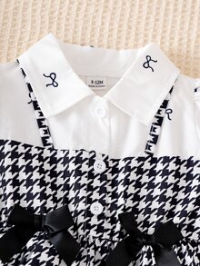 SHEIN Playful Pals 女嬰女寶寶時尚可愛優雅千鳥格蝴蝶結波點藝術長袖泡泡袖洋裝套裝 秋季畢業校園風 黑白配色 - 黑與白 - 查看 7