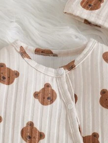 SHEIN 新生兒嬰兒連身衣 2件組 熊圖案羅紋連腳褲 長袖按扣套裝 附耳朵帽子 秋冬保暖服飾 親子款 棕色白色 - 卡其色 - 查看 9