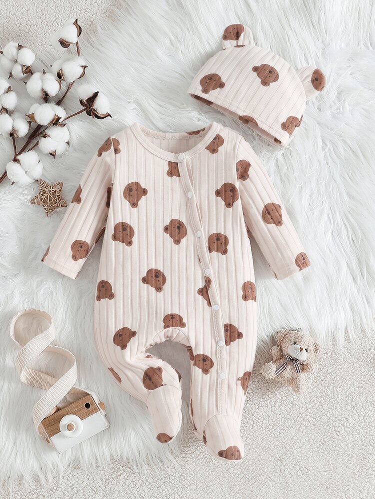 SHEIN Newborn Baby Romper 2pcs Bear Print Ribbed Footed With Ear Hat Long Sleeve Snap Set Autumn Winter Warm Outfits Clothes Family Matching Brown White - Khaki - View 12