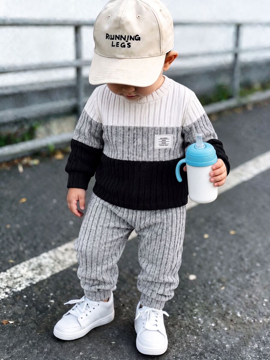 SHEIN Playful Pals 2pcs Baby Boys' Stand Collar Solid Color Patchwork Minimalist Modest Top And Pants Set Autumn Fall Family Matching Milestone Black Grey