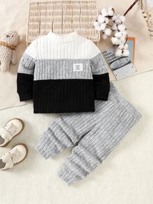 SHEIN Playful Pals 2pcs Baby Boys' Stand Collar Solid Color Patchwork Minimalist Modest Top And Pants Set Autumn Fall Family Matching Milestone Black Grey - Multicolor - View 3