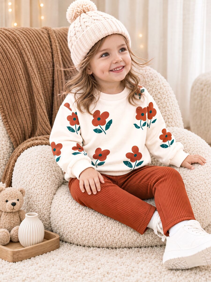 SHEIN Vintaside Kids Baby Girls Flower Print Ribbed Crew Neck Sweatshirt And Rib-Knit Leggings Outfit, Comfortable & Fashionable, Autumn/Winter