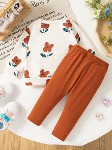 SHEIN Vintaside Kids Baby Girls Flower Print Ribbed Crew Neck Sweatshirt And Rib-Knit Leggings Outfit, Comfortable & Fashionable, Autumn/Winter - Brown - View 3
