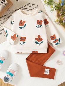 SHEIN Vintaside Kids Baby Girls Flower Print Ribbed Crew Neck Sweatshirt And Rib-Knit Leggings Outfit, Comfortable & Fashionable, Autumn/Winter - Brown - View 4