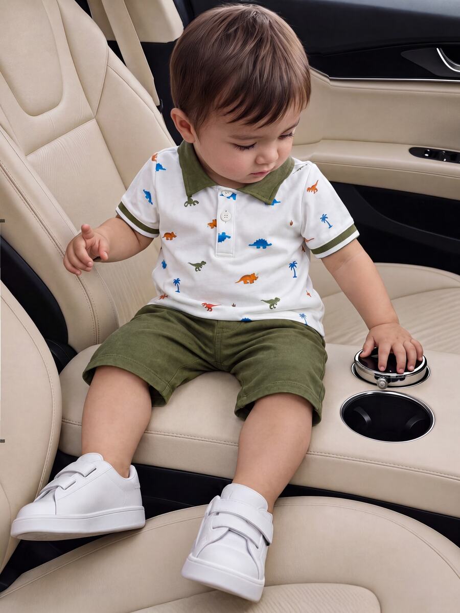 SHEIN 0-3歲男童恐龍印花翻領舒適布料，適合返校、度假、假期派對，白色橄欖綠夏季可愛日系風