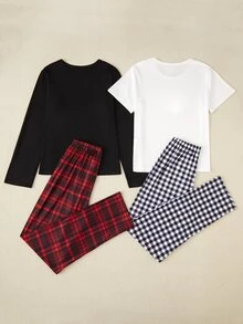 青少年男孩格紋長褲與長袖上衣套裝，含短袖上衣，4件組居家服，秋季款 - 黑與白 - 查看 3