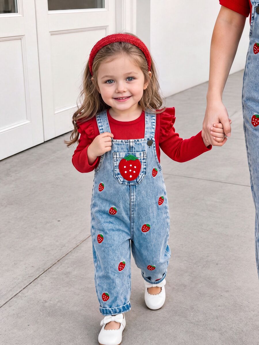 SHEIN 2pcs/Set Baby Girl Spring/Autumn Red Sky Blue Colorblock Funny Cute Ruffle Long Sleeve Top Strawberry Embroidered Denim Overalls Set Photoshoot - Red - View 1