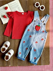 SHEIN 2pcs/Set Baby Girl Spring/Autumn Red Sky Blue Colorblock Funny Cute Ruffle Long Sleeve Top Strawberry Embroidered Denim Overalls Set Photoshoot - Red - View 10