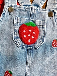 SHEIN 2pcs/Set Baby Girl Spring/Autumn Red Sky Blue Colorblock Funny Cute Ruffle Long Sleeve Top Strawberry Embroidered Denim Overalls Set Photoshoot - Red - View 8
