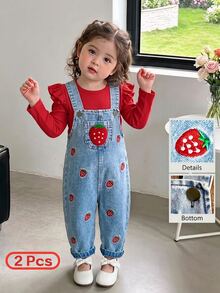 SHEIN 2pcs/Set Baby Girl Spring/Autumn Red Sky Blue Colorblock Funny Cute Ruffle Long Sleeve Top Strawberry Embroidered Denim Overalls Set Photoshoot - Red - View 4