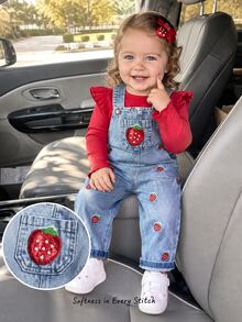 SHEIN 2pcs/Set Baby Girl Spring/Autumn Red Sky Blue Colorblock Funny Cute Ruffle Long Sleeve Top Strawberry Embroidered Denim Overalls Set Photoshoot - Red - View 3