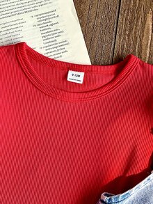 SHEIN 2pcs/Set Baby Girl Spring/Autumn Red Sky Blue Colorblock Funny Cute Ruffle Long Sleeve Top Strawberry Embroidered Denim Overalls Set Photoshoot - Red - View 9