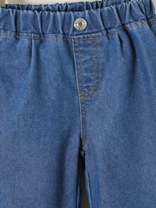SHEIN 女嬰寬鬆輕便休閒基本款寬腿牛仔褲，西式度假風，水藍色，適合畢業、健身房，夏秋季 - 深色水洗藍 - 查看 7