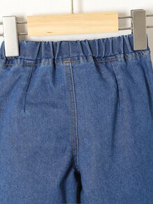 SHEIN 女嬰寬鬆輕便休閒基本款寬腿牛仔褲，西式度假風，水藍色，適合畢業、健身房，夏秋季 - 深色水洗藍 - 查看 8