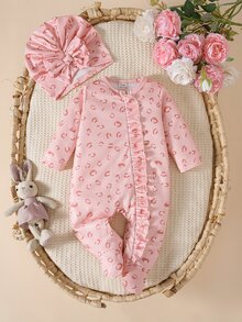 SHEIN 新生女嬰粉色豹紋連身包屁衣附腳套、蝴蝶結帽子、秋季蜂巢針織荷葉邊洋裝，家庭拍照親子套裝女嬰款 - 淺粉色 - 查看 5
