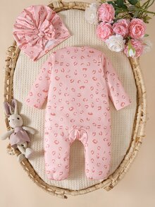 SHEIN 新生女嬰粉色豹紋連身包屁衣附腳套、蝴蝶結帽子、秋季蜂巢針織荷葉邊洋裝，家庭拍照親子套裝女嬰款 - 淺粉色 - 查看 3