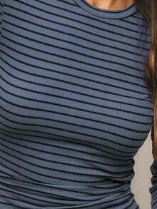 Nöista Striped Fitted Long Sleeve T-Shirt, Casual Fall Top For Women, Everyday Outfit, Back To School Aesthetic Chic - BLUE AND BLACK - View 6