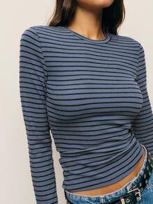 Nöista Striped Fitted Long Sleeve T-Shirt, Casual Fall Top For Women, Everyday Outfit, Back To School Aesthetic Chic - BLUE AND BLACK - View 3