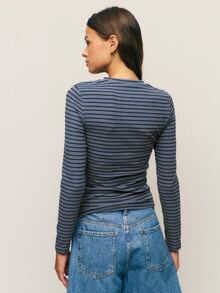 Nöista Striped Fitted Long Sleeve T-Shirt, Casual Fall Top For Women, Everyday Outfit, Back To School Aesthetic Chic - BLUE AND BLACK - View 2
