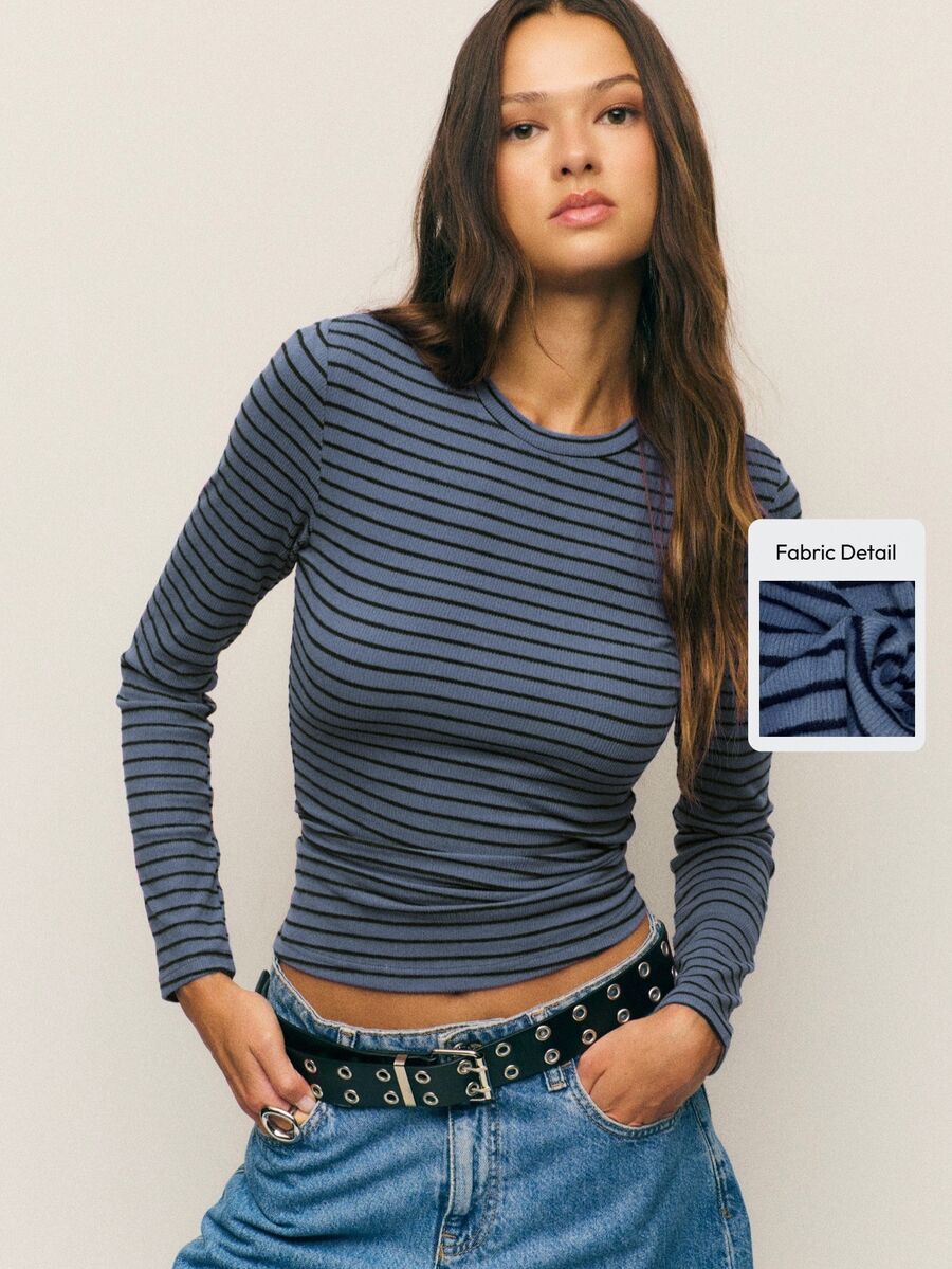Nöista Striped Fitted Long Sleeve T-Shirt, Casual Fall Top For Women, Everyday Outfit, Back To School Aesthetic Chic - BLUE AND BLACK - View 1