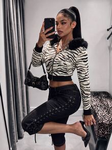 Amplova Women's Zebra Print Fur Collar Hooded Zip-Up Casual Daily Long Sleeve Sweatshirt - Black and White - View 1