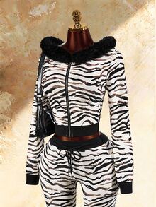 Amplova Women's Zebra Print Fur Collar Hooded Zip-Up Casual Daily Long Sleeve Sweatshirt - Black and White - View 14
