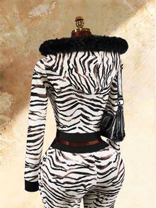 Amplova Women's Zebra Print Fur Collar Hooded Zip-Up Casual Daily Long Sleeve Sweatshirt - Black and White - View 15