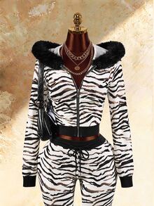 Amplova Women's Zebra Print Fur Collar Hooded Zip-Up Casual Daily Long Sleeve Sweatshirt - Black and White - View 8