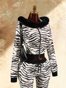 Amplova Women's Zebra Print Fur Collar Hooded Zip-Up Casual Daily Long Sleeve Sweatshirt - Black and White - View 12