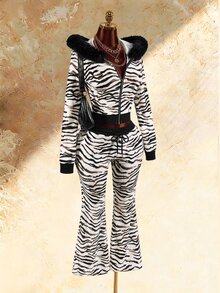 Amplova Women's Zebra Print Fur Collar Hooded Zip-Up Casual Daily Long Sleeve Sweatshirt - Black and White - View 11