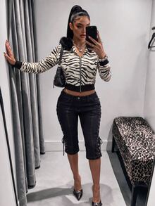 Amplova Women's Zebra Print Fur Collar Hooded Zip-Up Casual Daily Long Sleeve Sweatshirt - Black and White - View 4