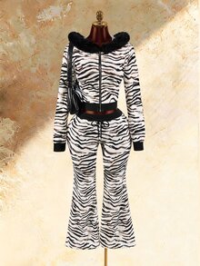 Amplova Women's Zebra Print Fur Collar Hooded Zip-Up Casual Daily Long Sleeve Sweatshirt - Black and White - View 13