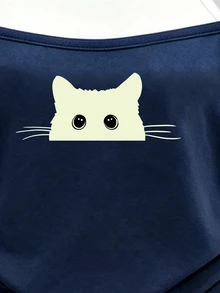 SHEIN Setelan Baju dan Celana Jogging 2 in 1 Motif Kucing Hitam Kreatif untuk Semua Musim, Nyaman dan Modis untuk Anak Perempuan: Atasan Camisole Lengan Pendek dan Celana Jogging - MultiWarna - View 4