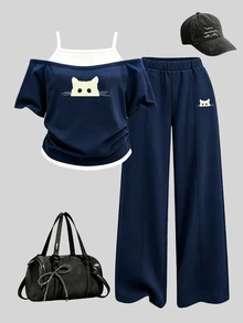 SHEIN Setelan Baju dan Celana Jogging 2 in 1 Motif Kucing Hitam Kreatif untuk Semua Musim, Nyaman dan Modis untuk Anak Perempuan: Atasan Camisole Lengan Pendek dan Celana Jogging - MultiWarna - View 1
