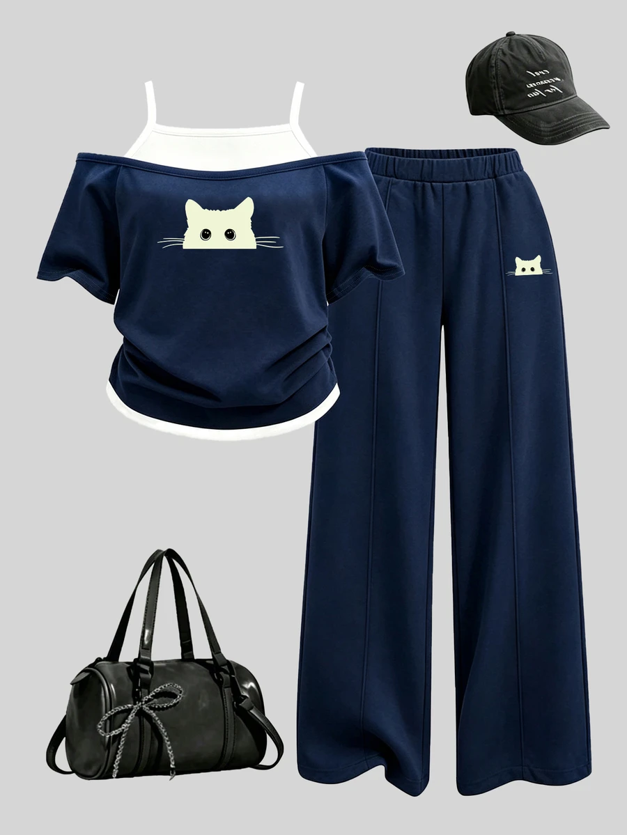 SHEIN Setelan Baju dan Celana Jogging 2 in 1 Motif Kucing Hitam Kreatif untuk Semua Musim, Nyaman dan Modis untuk Anak Perempuan: Atasan Camisole Lengan Pendek dan Celana Jogging - MultiWarna - View 1