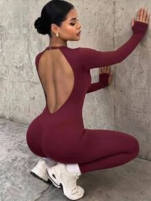 Rovax Women's Brushed Raglan Sleeve Backless Skin-Friendly High Elasticity Sports Jumpsuit For Yoga Fitness Workout - Burgundy - View 2