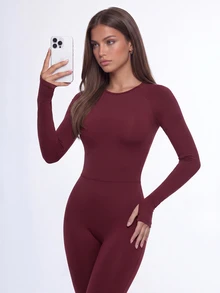 Rovax Women's Brushed Raglan Sleeve Backless Skin-Friendly High Elasticity Sports Jumpsuit For Yoga Fitness Workout - Burgundy - View 9