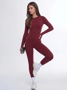 Rovax Women's Brushed Raglan Sleeve Backless Skin-Friendly High Elasticity Sports Jumpsuit For Yoga Fitness Workout - Burgundy - View 5