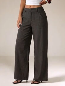 SHEIN PETITE Brown Striped Straight-Leg Trousers For Petite Women – Loose, Casual, And Suitable For Work. - Brown - View 4