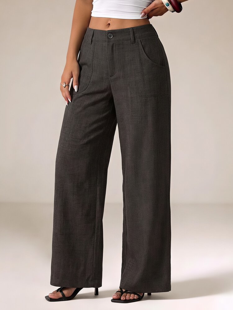 SHEIN PETITE Brown Striped Straight-Leg Trousers For Petite Women – Loose, Casual, And Suitable For Work. - Brown - View 4