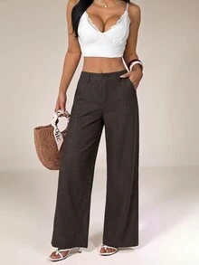 SHEIN PETITE Brown Striped Straight-Leg Trousers For Petite Women – Loose, Casual, And Suitable For Work. - Brown - View 3