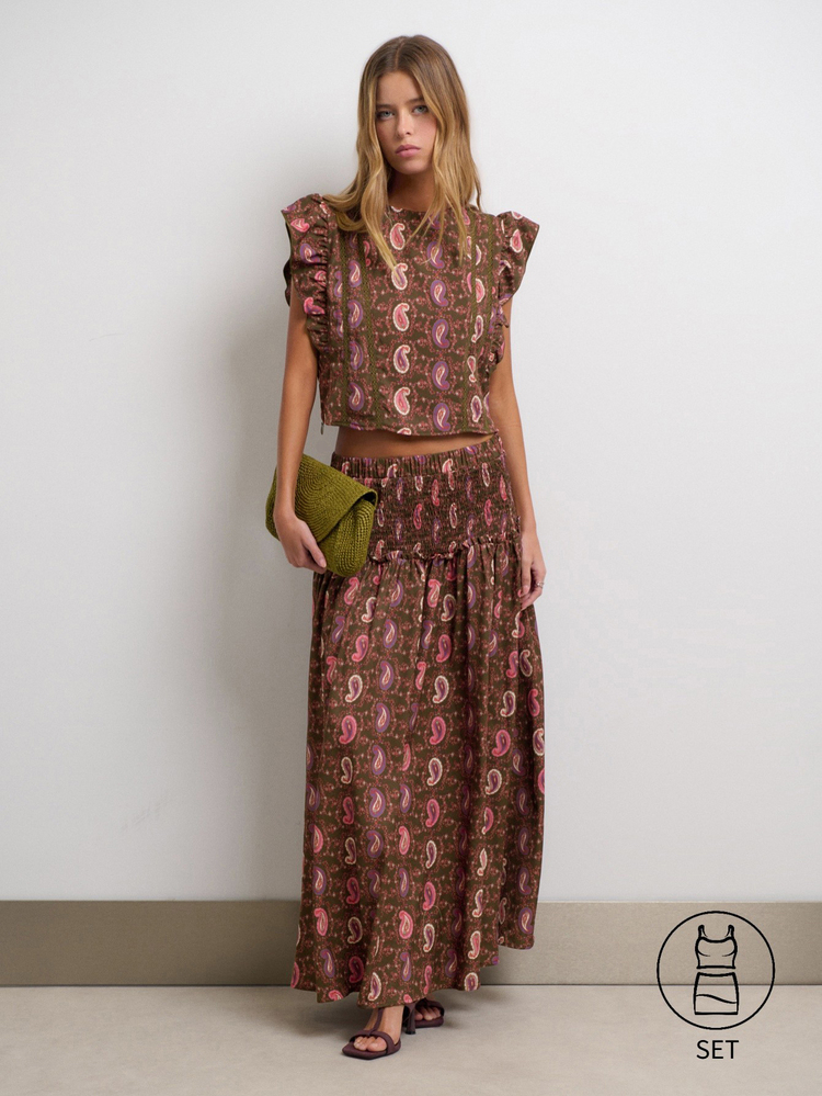 Nöista Paisley Print Two Pieces Set With Ruffle Sleeves And Maxi Skirt, Vacation Outfit For Women, Resort Wear, Fall Style Elegant Boho - Brown - View 1