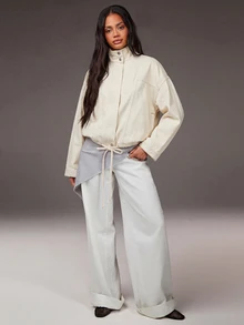 Athîral Denim Jaket Denim Lengan Panjang Kasual untuk Liburan Wanita - Aprikot - View 2