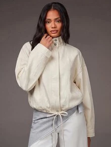 Athîral Denim Jaket Denim Lengan Panjang Kasual untuk Liburan Wanita - Aprikot - View 3