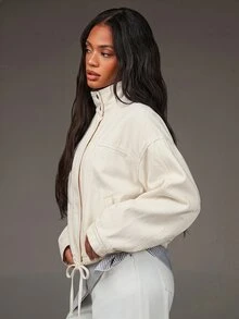 Athîral Denim Jaket Denim Lengan Panjang Kasual untuk Liburan Wanita - Aprikot - View 4